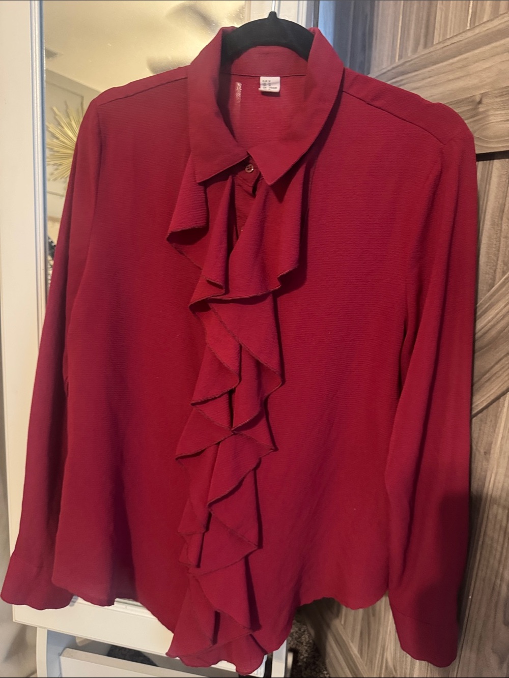 Source Unknown Burgundy Ruffle Front Button-Down Blouse